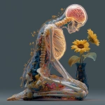 **A kneeling figure with a translucent body reveals intricate anatomical details--vibrant organs pulsating in crimson, gold, and sapphire hues alongside ivory bones, head tilted to showcase a luminous neural network brain, surrounded by organic vines creeping across an emerald backdrop leaning toward a cobalt vase cradling a sunflower bursting with yellow petals, rendered in hyperrealistic textures with soft bioluminescent lighting that accentuates cellular structures, embodying the interconnected beauty of biological existence. Super colorful, super vivid --s 250 --v 7.0** - Upscaled by <@908623560245911562> (fast)