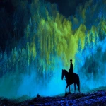 **a man riding a horse in a dark lionfish forest taiga landscape, in the style of light emerald, aurora borealis, theatrical installations, made of mist, vibrant use of light and shadow, dark blue and yellow, movie still --ar 128:59 --v 7.0** - Image #1 <@1054482006731395092>