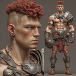 **Character design sheet. Realistic 3d rendering. Character design sheet of a ruggedly handsome, Hyper muscular handsome half orc, bodybuilder, bright silver eyes, short curly red Mohawk, short pointed ears, defined muscles, Huge leg muscles, huge pectoral muscles, big arm muscles, vascular hyper muscular, wide Grecian nose, strong square jaw, defined cheek bones, masculine features, freckles, Bodybuilder, short pointed ears, wearing Roman gladiator armor. --v 7.0** - Image #1 <@1222981214734913607>
