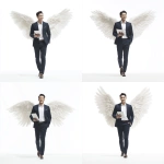 **a cool Asian man aged 25-27, wearing a dark navy suit and pants, light brown hair, walking forward while holding an iPad in one hand and the other hand in his pants pocket, smiling happily, large white angel wings on his back, facing forward, low angle view looking slightly upward, clean white background, soft studio lighting, realistic, sharp details, 4K** - Variations (Strong) by <@427615579231485956> (fast)