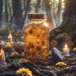 **A mason jar with a golden oil set among burdock roots, dandelion, and ginger, with a Black Onyx stone resting nearby. The background is winter forest soil, roots winding through dark earth. Candlelight glows softly, symbolizing discipline and devotion. Rich textures, warm golden light, sacred herbal imagery, high detail, ethereal atmosphere. --v 6.0 --s 750** - Image #4 <@1090630909448949831>