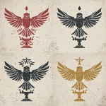 **In a Dungeons and Dragons art style, create four different yet simple versions of a noble house&#039;s sigil. The design should be simple. Its major element is a hawk&#039;s wings spread wide and eyes vigilant and looking forward. Its minor elements are a plant in one talon and a blacksmith&#039;s hammer in the other talon. All different versions, as if made in medieval times with medieval-level tools, each made of different materials, such as stone, iron, wood, and paint. They should all be simple designs using a single material. They should be worn. They should be on a white background. --v 7.0** - Image #3 &lt;@478047972412620803&gt;