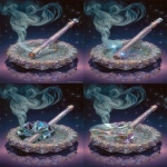 **The disco cigarette is completely covered in glittering mirror mosaic sitting on an ashtray, cigarette is bedazzled in a mosaic of small mirrors, violet metallic wrap filter, ash tray is a mosaic of tiny mirrors, mirrored surface of cigarette, mirrored surface of ash tray, portrayal of rising wafting smoke and mirrors, background is glitter black anodized with contrast silver and purple glitter flake, intimate product ad photography style --weird 123 --chaos 66 --s 666 --exp 69 --v 7.0 --ar 2:3** - Variations (Region) by <@342505012569833472> (fast)