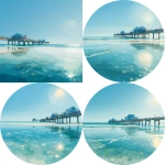 **A bright, circular image, stylized Clearwater Beach including pier 60, Florida in full daylight, featuring the beaches in a minimalist, flat color style. Clean lines, bold colors, and glowing reflections create a vibrant, blue, cartoon-like atmosphere. The scene is bathed in bright midday sunlight, ensuring a pure daytime look. realistic** - Variations (Strong) by <@916477666708848640> (fast)