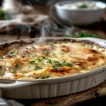 **ultra cozy creamy chicken alfredo bake pulled from the oven, bubbling golden cheese, steam rising, soft winter morning light, rustic wooden table, white casserole dish, shallow depth of field, warm tones, high-end food photography, --ar 2:3 --v 6.0 --raw** - Image #3 <@1321895242076520463>