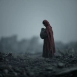 **An evocative and minimalist digital artwork, medium shot, rendered in a dark, monochromatic style consistent with previous designs, with a single muted color highlight. The composition features a silhouetted figure of a woman, draped in a subtly colored shawl, tenderly carrying a small, lifeless child in her arms. They are depicted walking amidst a desolate landscape of dark, indistinct rubble and debris, suggesting the ruins of destroyed buildings. The background is a blurred expanse of gray tones, emphasizing the bleakness of the environment. The woman's posture and the way she holds the child convey profound grief and loss. The overall mood is deeply somber and poignant, highlighting the devastating human cost of conflict and the heartbreaking reality of mothers burying their children amidst the destruction, presented with a stark and uncluttered visual approach --v 7.0** - Upscaled by <@1032195406119043132> (fast)