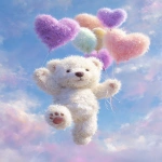 **fluffy white teddy bear flying with pastel heart-shaped balloons, soft fur texture, dreamy sky background, oil painting style, soft brushstrokes, whimsical and cute, pastel colors, highly detailed, fantasy illustration --ar 3:4 --v 7.0** - Image #4 <@1260560390853754923>