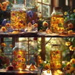 **A clear glass mason jar filled with golden herbal oil, floating rose petals, lemon balm leaves, and small yellow St. John’s Wort flowers, placed on a rustic wooden table. Sunlight streams across the jar, creating a glowing effect. Fresh roses and lemon balm scattered nearby, with a citrine crystal beside the jar. Hyper-realistic, natural lighting, warm and radiant atmosphere. --v 6.0 --s 750** - <@1090630909448949831> (fast)
