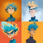 **À cartoon character . A teenage male since 18 and 20 years , with flams hair with a blue combinaison . He look like a super vilain** - <@409716268476923920> (fast)