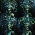 **an ancient eldritch sea goddess with green skin and demonic energy, strong ocean theme, attractive like a siren, head and upper torso portrait, zoomed out** - Zoom Out by <@1102368940535066624> (fast)