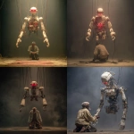 **ultra realistic, 8k, of a robot made of porcelain, hanging by wires from the torso, eyes red, wires and circuits showing, no legs. The robot hovers suspended by wires. The atmosphere is dark and smokey. It hangs above a man dressed in rags, the old man is indigenous, he kneels on his knees while wires hold his arms down.** - <@921849585255714827> (fast)