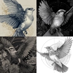**fineline design of a bird in the style of tattoo artist zihwa, microrealistic details, wings outstretched, head looking towards to the side, the bird is front facing, background in the style of tattoo artist oscar akermo, modern aesthetic, artistic and expensive vibes, intricate and complicated details, feminine, ultra high definition, line art style** - <@241887161421529090> (fast)