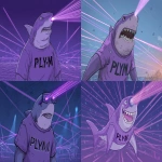 **a hanna barbara cartoon style purple shark, with a laser beam attached to his head, wearing a purple shirt with black letters "P.L.Y.M.I." aross the front of the shirt, there is an array of lasers in the distance background --ar 16:9** - <@1145989963998035978> (fast)