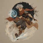 **fantasy art style. young air genasi misty stepping. He is a cleric with black hole iconography. he has bits of rogue gear mixed into his robes, such as a leather pauldron** - Image #2 <@784252075265490974>