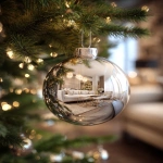 **close up on a christmas ball on a christmas tree, inside the ball you can see the reflection of a beautiful modern living room, realistic, HD --ar 4:5 --v 7.0** - Image #2 <@1215227399508332544>