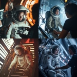 **a una mujer astronauta with helmet en el mundo de ciencia ficción del cine, en el momento de filmar una escena en el set de rodaje, una escena que consiste en que la astronauta está subiendo por la escalinata de un platillo volante que la llevará a al Espacio exterior; el director de la película da intrucciones a la mujer astronauta de cómo ha de subir por la escalera de la nave; ambiente: cinematografía de época futurista, con iluminación LED; alta resolución y realismo coherente con la escena del futuro. --v 6.1** - <@755517668227809280> (fast)