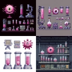 **pixel art spritesheet of high tech lab for a side scrolling game, pink embreo of baby beholder monster in test tubes --v 7.0** - <@758874491680981014> (fast)