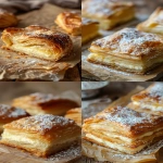 **Close-up of a golden-brown cream cheese pastry, flaky and buttery layers with a rich cream cheese filling slightly oozing out, topped with a light dusting of powdered sugar, warm natural lighting, placed on a rustic wooden surface or baking parchment, soft background blur, inviting and indulgent look, Pinterest vertical format --v 6.0 --ar 3:4 --raw** - <@1289684291994779678> (fast)