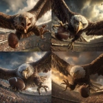 **Ultra-hyper realistic bald eagle diving from the sky, enormous wings spread wide, extremely intense angry expression, razor-sharp metallic talons gripping an American football tightly. Close-up dynamic perspective from below, fisheye depth, dramatic golden-hour sky with heavy clouds, stadium full of crowd blurred in background. Extreme texture detail on feathers, claws, and football leather grain. High-contrast cinematic lighting, volumetric light, HDR shadows, rich warm tones, Octane-style rendering, 8K resolution.** - <@1159052501048361012> (fast)