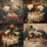 **Christmas dinner between vintage whales. Christmas hats and decorations, no humans --s 750** - <@1278337234642276372> (fast)