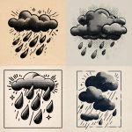 **A retro cartoon-style illustration of rain falling, Thick black line art, simple shapes, and halftone dot shading for texture. Limited two-tone print style (like vintage t-shirt graphics). Add sparkles and motion lines around the raindrops for energy. Whimsical, nostalgic, screenprint-ready.** - <@840070267890958356> (fast)