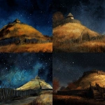 **scottish motte-and-bailey Castle with wooden pallisade on a hill , dark night with shining stars in autum, painting style** - <@687598645855649848> (fast)
