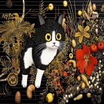 **a happy curious adorable netsuke kitty cat exploring a crazy gold leaf nature jungle world of apple worm peanuts flowers birds cheddar cheese moth, tornadic scan lines by jack whitten --v 6.1 --p tn2xxqf --sref <https://s.mj.run/AruJD-ll-Ac> <https://s.mj.run/UYjfoh6TeLU> <https://s.mj.run/r8dknsmM5M0> --cref <https://s.mj.run/YLW5u05qWW0> --cw 22 --q 2 --ar 53:40** - Image #1 <@1059292469474373672>