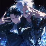 **Still taken shot from anime episode - Levi Ackerman from Attack on Titan and Satoru Gojo from Jujutsu Kaisen. Gojo has white hair, his arm around Levi's shoulder and is posing with a big smile and making a peace sign, Levi has black hair, has his arms crossed and looks slightly annoyed against a black background with sparkles in the art style of attack on titan anime. Friendship-style pose, Anime TV art style, attack on titan, jujutsu Kaisen. Uniform details, beautiful lighting, anime art, manga --niji 6** - Image #4 <@774763495555072010>