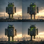 **<https://s.mj.run/rWcFtaYzAZ8> The Android Robot made of mobile phones is collapsing, there are gaps in the robot and it is crumbling away, people looking up at it, green malware bugs trying to get inside it, cityscape, photorealistic, magic hour, dramatic lighting --v 7.0** - Variations (Strong) by <@1048326817838280714> (fast, stealth)