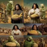 **Oprah Winfrey, holding corn, is a white midget woman, and into the rate of her is a green bear. Above the white woman is available, they are in Africa with sand, huts made of hay, and villagers** - Remix (Strong) by <@846201883139375114> (turbo)
