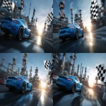 **A blue sports car in motion pulling into an oil refinery with the refinery easily visible. there is a checkered finish line flag waving on the side. make it epic blue lighting. cinematic --ar 3:2 --v 7.0** - Variations (Strong) by <@1264975901624631358> (fast)
