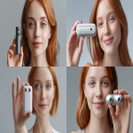 **hero product shot: minimal handheld device with dual ultrasonic emitters and a tiny camera, floating in studio; adult red-haired person appears in soft defocus in the background as a satisfied user; matte white and graphite materials, soft studio lighting, high-end product photography --ar 16:9 --v 7.0 --p 3na7ujb** - <@1117361773415252020> (fast)