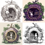 **A grape-shaped music studio, round and glossy, with a front opening showing a microphone and speakers inside. The rabbit sings into the mic while the fox adjusts the sound mixer. Few grape leaves and vines frame the doorway. Thick clean outlines, no shading. --v 6.1** - <@1426448926453530644> (relaxed)