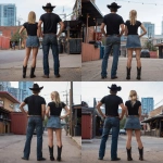 **blond woman and cowboy wearing blank black t-shirts. the cowboy is wearing jean pants. the blond woman is wearing a denim skirt and black cowboy boots. Both are standing next to each other with their backs toward the camera. The background is an an urban country bar.** - Variations (Strong) by <@1217172836435623950> (fast)