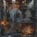 **top-down view of a large, ash-streaked warehouse interior inspired by the Mistborn Final Empire, mostly open layout with tall soot-covered metal shelves and scattered supply crates, worn stone and metal floors layered with ash, one wall features a glowing red alarm rune device, dim lanterns casting harsh shadows, a few enclosed rooms like a foreman's office or hidden storage, industrial gothic design, ideal for Allomancer combat with anchor points and cover, moody oppressive tone, detailed grid-friendly battle map for tabletop RPGs, 2D isometric style --v 6.0 --ar 1:1 --raw** - Image #2 <@398622100233125890>