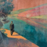 **rich pastel colors composition / of a man / walking on a path / near an expansive body of water** - Image #1 <@1080572898269466724>