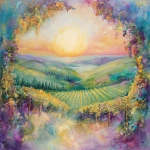 **A breathtaking ethereal landscape painting, blending vibrant oil paints with luminous, translucent organza textures, capturing a vineyard at golden hour with rolling hills, lush grapevines, and a tranquil seascape horizon. A rising sun with soft pinks, lavenders, and golds evokes empowerment and resilience, with delicate organza layers adding shimmering, whimsical depth. The composition radiates divine calm and timeless elegance, transforming spaces into sophisticated sanctuaries, framed by a luxurious interior hint. Inspired by nature’s grace and spiritual strength, in Deeline’s mixed-media style, highly detailed, cinematic lighting, 4K resolution. --v 6.0** - Upscaled (Creative) by <@1110395229338615829> (fast)
-# Create, explore, and organize on [midjourney.com](<https://midjourney.com/imagine?from_discord=1>)