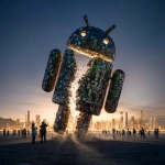 **<https://s.mj.run/rWcFtaYzAZ8> The Android Robot made of mobile phones is collapsing, there are gaps in the robot and it is crumbling away, it is falling apart, leaving to one side, about to tumble, people looking up at it, trying to get inside it, cityscape, hyperrealistic, photorealistic, metallic, glowing, raytrace, super realistic, magic hour, dramatic lighting, art style of Blade Runner** - Image #3 <@1048326817838280714>