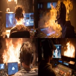 **a person on fire wearing a clearcom headset and sitting in front of a video switcher, photograph, --ar 16:9** - <@960702118686244966> (fast)