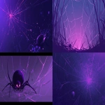 **minimal flat illustration, faint glowing purple spiderweb barely visible in the blackness, shadowy black spider crawling in the corner, eerie and mysterious vibe, mostly black with slight purple glow, clean minimal composition, loop animation friendly --niji 6 --ar 16:9** - <@257221362568003584> (relaxed)