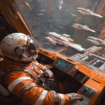 **A pilot in an orange and white spacesuit, sitting inside the cockpit of their spaceship, gazes out at other spaceships parked on a holographic dockyard, in the style of Guweiz. --ar 51:64 --v 6.1** - Upscaled (Subtle) by <@264129597782753313> (fast)