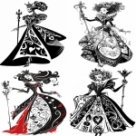 **Queen of Hearts from Alice in Wonderland, in dramatic pose standing with one arm pointing outward and holding a scepter, bold confident expression, large curly hair with crown, cartoon-style clean face and body with no Zentangle or patterns, detailed Zentangle designs only on the dress, elegant flared gown, thick bold black outlines, no color, no shading, no gradients, no sketch textures, clean white background --v 6.0 --ar 2:3** - <@1396220476157591665> (fast)