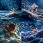 **view from bottom to top, winter fairy emerging from a pile of snow, neon glowing snowflake falling from her, quality zoom out snowflake macrophotography, studio photo against azure bg --v 7.0 --ar 4:5 --raw --c 5 --s 333** - <@1152889510158401576> (fast)