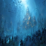 **Concept art of an underwater city made out of stone and metal, filled with water-dwelling monsters holding spears in the air while standing on their hind legs, inspired by The Lord of the Rings, in the style of Greg Rutkowski. --ar 64:29 --s 50** - Image #1 <@320125518664040448>