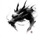 **Dark ink wash painting style, powerful dragon head in side profile, sharp face with two sleek horns, flowing beard blown by the wind, painted with bold heavy brush strokes, deep black tones with rich ink texture and splatters, dramatic and shadowy aesthetic, minimalist composition on pure white background, only the dragon’s head, refined yet fierce, sumi-e, high resolution** - Image #1 <@297413239044702208>