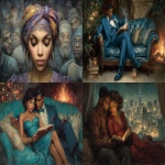 **Ernie Barnes art at Christmas, reading the Urantia Book, 8k, --chaos 99 --ar 8:5 --exp 50 --stylize 750 --v 7.0** - <@843177938186797076> (fast)