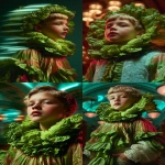 **Abstract, long-exposure portrait of a kid dressed as a head of lettuce in Belle Epoque fashion, their silhouette blurred in fluid motion beneath flickering gaslight chandeliers. Cascading layers of delicate lettuce ruffles and lace sleeves dissolve into painterly streaks, evoking a surreal fusion of haute couture and garden whimsy. The darkened room suggests a velvet-draped Parisian theatre, bathed in grainy soft focus and lit by ethereal turquoise and dusky rose highlights, casting shimmering reflections on lacquered floors and stained-glass panels. Their verdant costume flows like ink in water, caught mid-gesture in a ghostly sweep of time. A nostalgic film grain overlays the entire image, like a lost glass-plate negative, while soft light blooms around their figure, forming a gentle halo of innocence and mystery. The mood is poetic and otherworldly as if captured during a Belle Époque séance inside an art nouveau dream. High resolution, surreal motion blur, tonal color grading, and cinematic lighting. --ar 2:3 --profile sdrrzng --ow 100 --stylize 350 --oref <https://s.mj.run/5UfkGHZpf1w> --v 7.0** - <@1197624915298357348> (relaxed)
