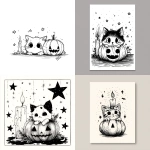 **adorable spooked kitten hiding behind a candle, jack-o'-lantern and stars, thick lines, white background, a4 --v 7.0** - <@437878260013989888> (relaxed)