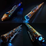 **natural wood didgeridoo-trumpet hybrid instrument, many small steel trumpet valves, protruding metal trumpet valves, dark background, high-tech cyber didgeridoo trumpet, futuristic design, cyber aboriginal artwork, sidelit, thin blue neon striplights, silver didgeridoo --v 6.0** - <@994500001264840706> (fast)
