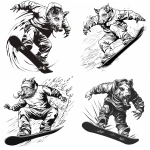 **black line art illustration, simple tattoo-style outline, dynamic snowboarder mid-jump, clean bold lines, minimal shading, white background, detailed winter clothes, expressive motion, wild boar head instead of the original head, large tusks, aggressive expression, smooth flowing linework, high contrast, stylized minimalistic design --v 6.0 --ar 1:1 --raw** - <@1411409201405624532> (fast)